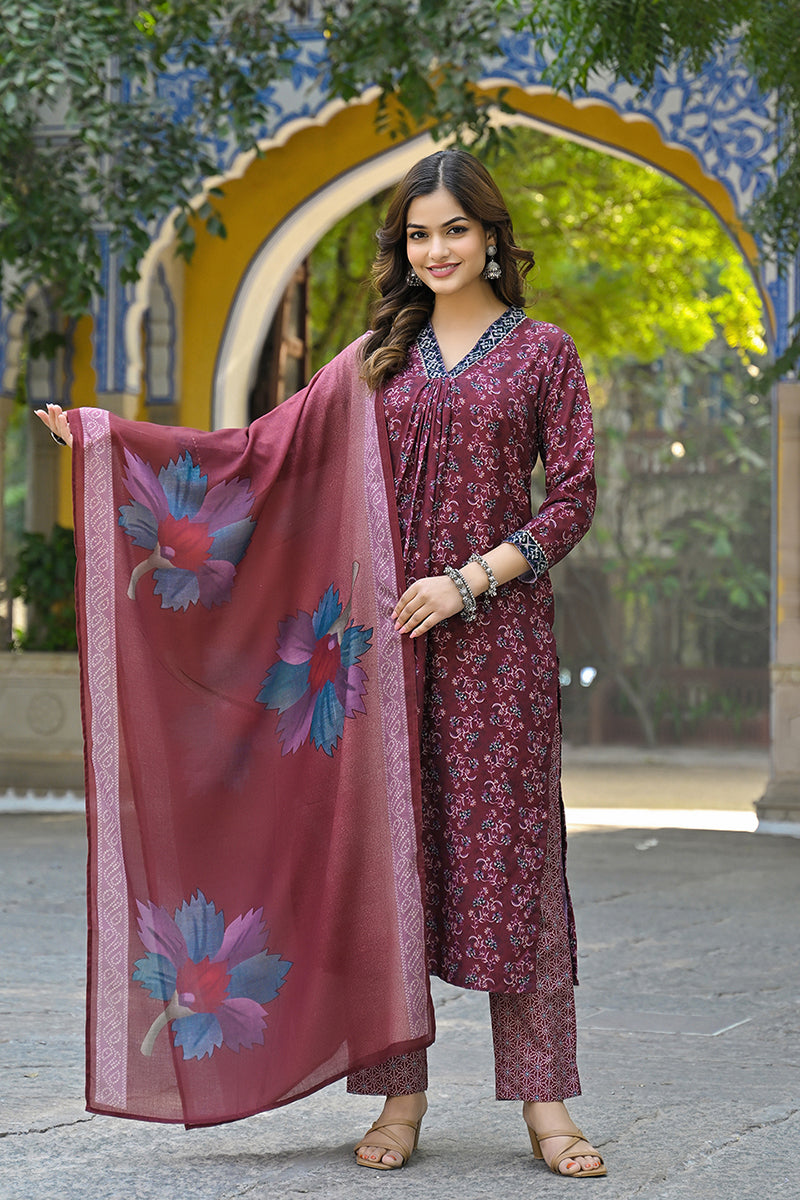Maroon Rayon Blend Floral Printed Straight Suit Set VKSKD2296 | DesiQl