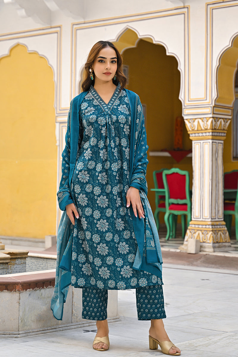 Blue Rayon Blend Floral Printed Straight Suit Set VKSKD2294 | DesiQlo