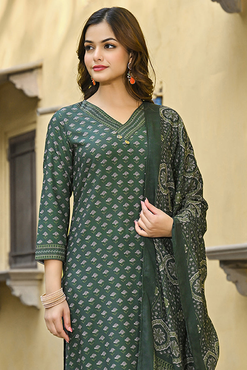 Green Cotton Blend Floral Printed Straight Trouser Suit Set VKSKD2298 