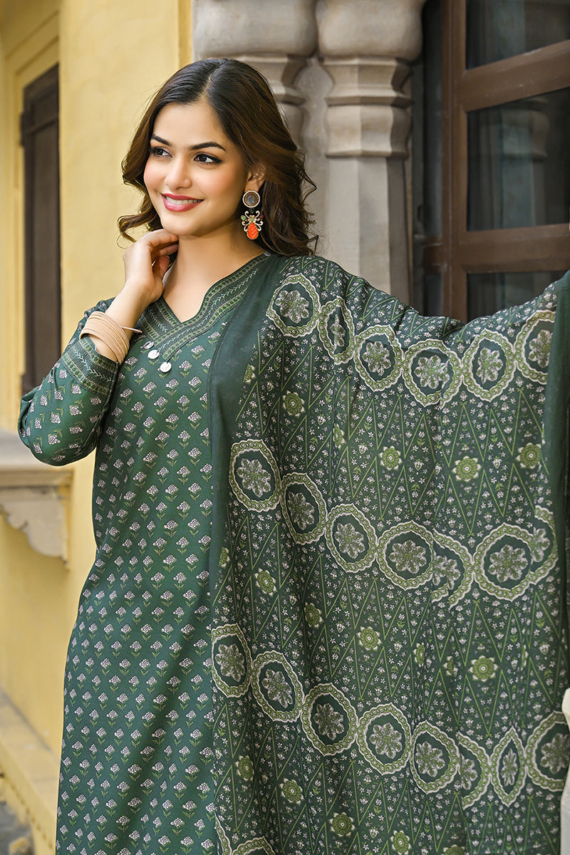 Green Cotton Blend Floral Printed Straight Trouser Suit Set VKSKD2298 
