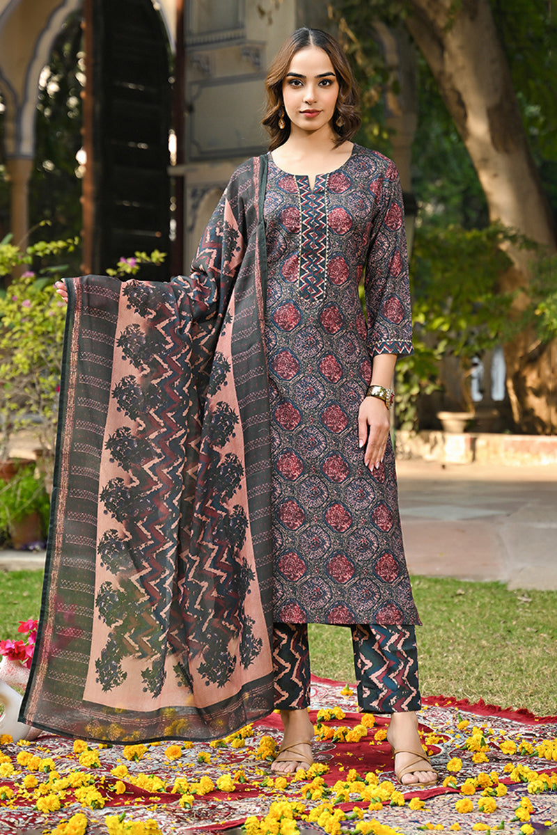 Multi Color Cotton Blend Floral Printed Straight Trouser Suit Set VKSK