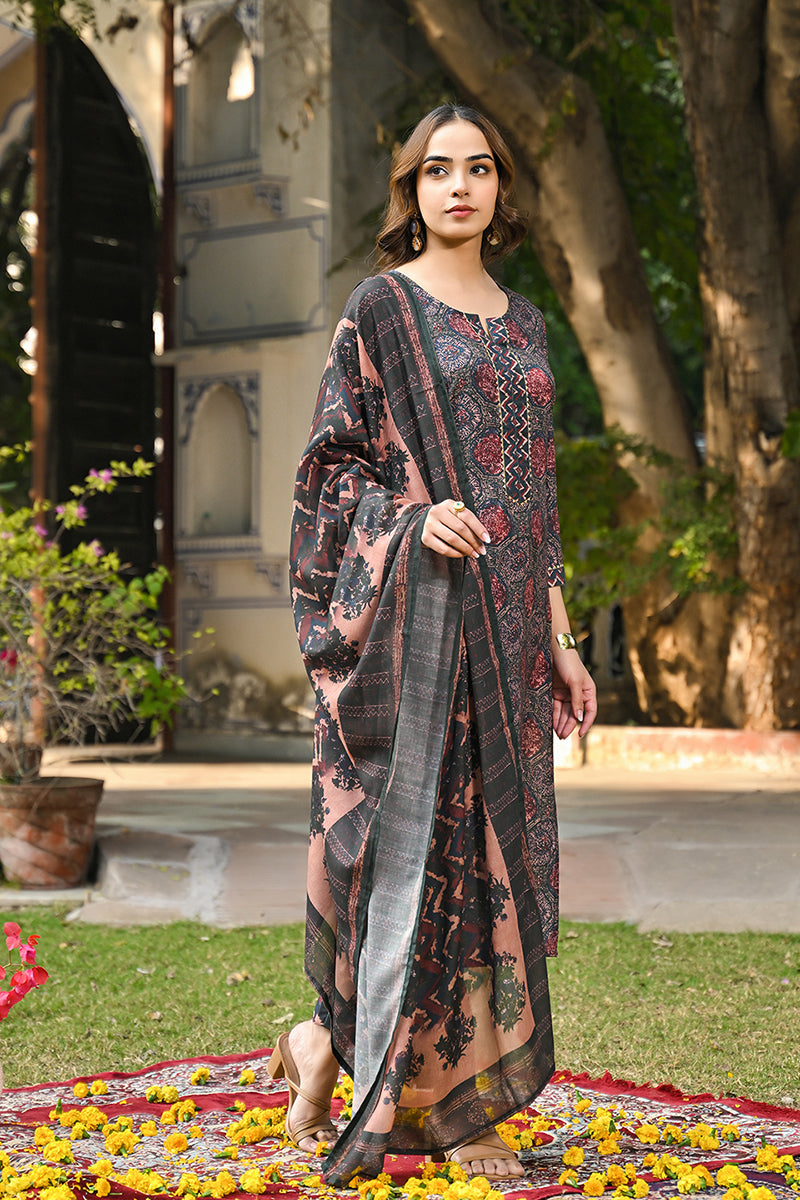 Multi Color Cotton Blend Floral Printed Straight Trouser Suit Set VKSK