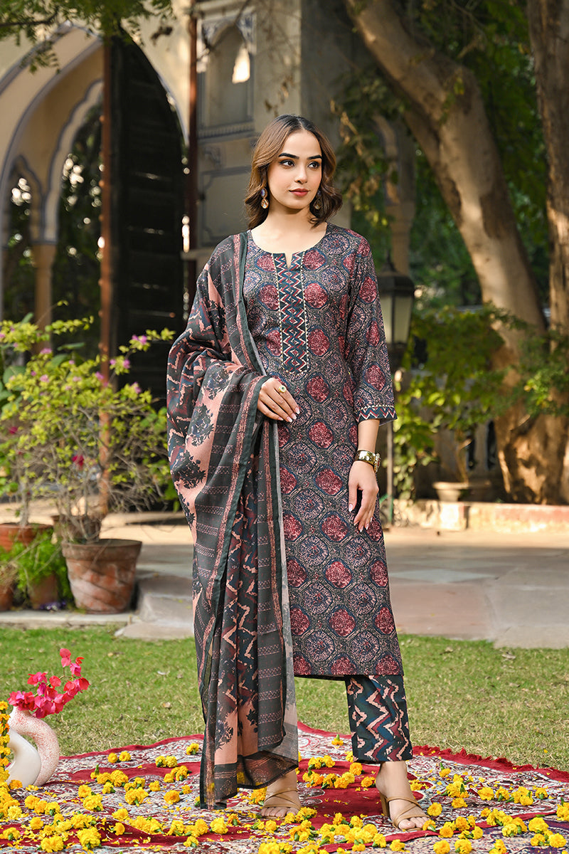 Multi Color Cotton Blend Floral Printed Straight Trouser Suit Set VKSK