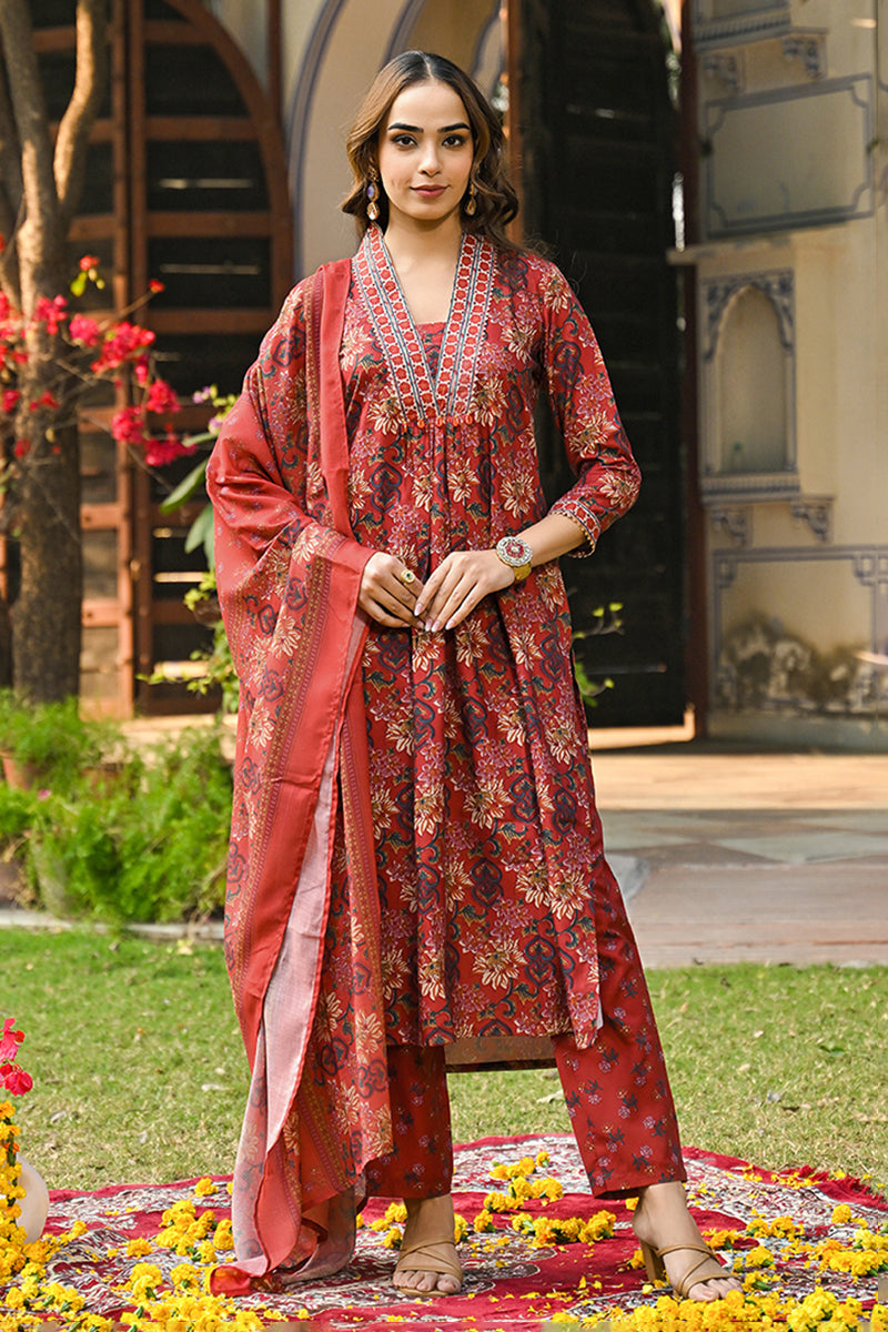 Red Rayon Blend Floral Printed Straight Suit Set VKSKD2300 | DesiQlo