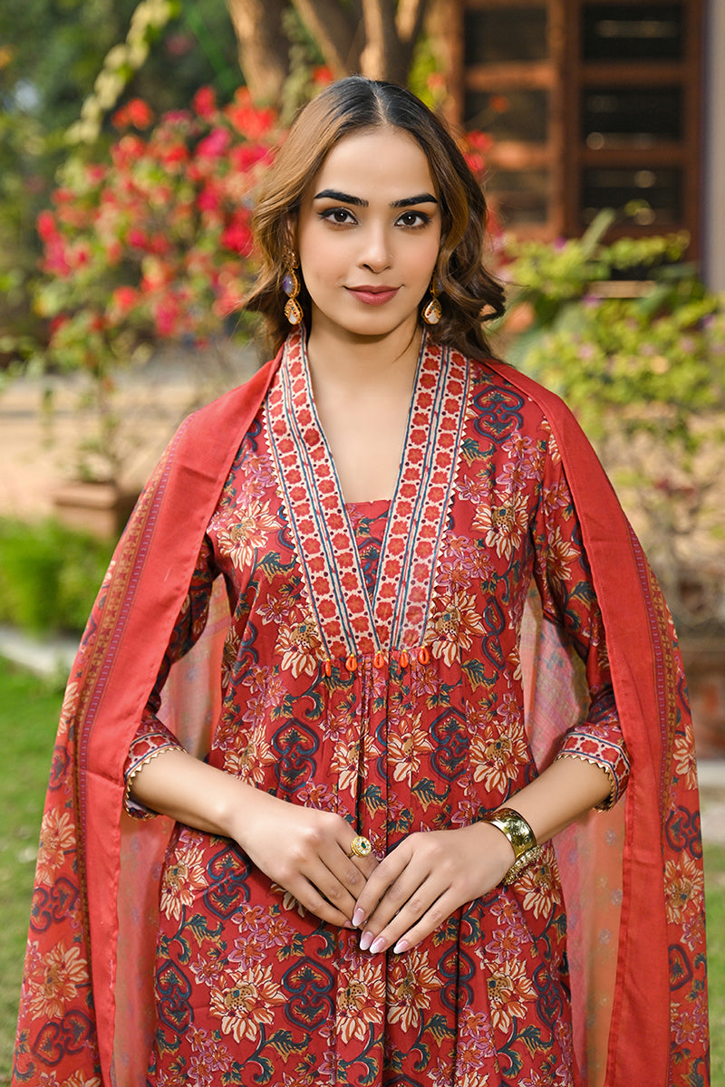 Red Rayon Blend Floral Printed Straight Suit Set VKSKD2300 | DesiQlo