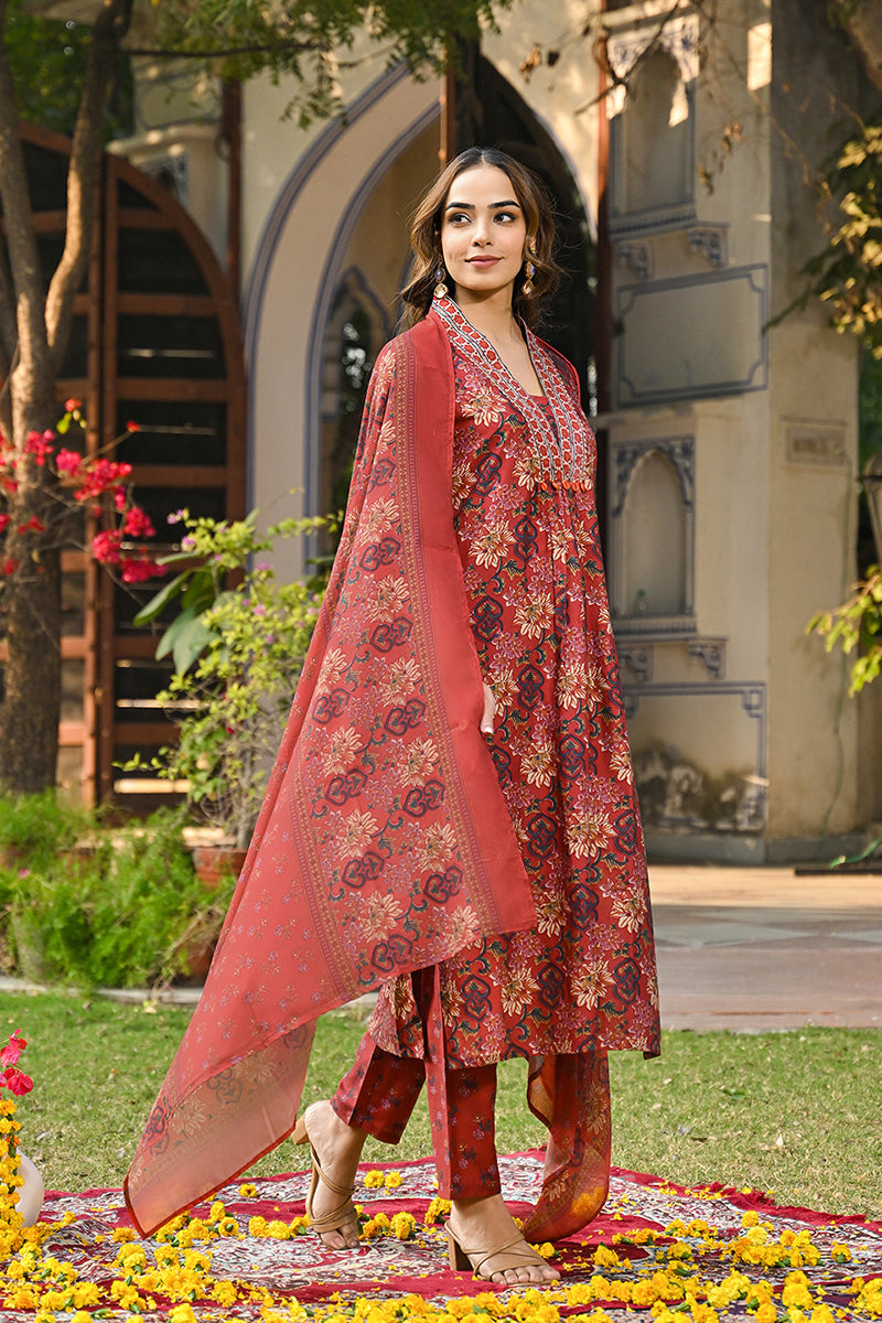 Red Rayon Blend Floral Printed Straight Suit Set VKSKD2300 | DesiQlo