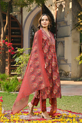 Red Rayon Blend Floral Printed Straight Suit Set VKSKD2300