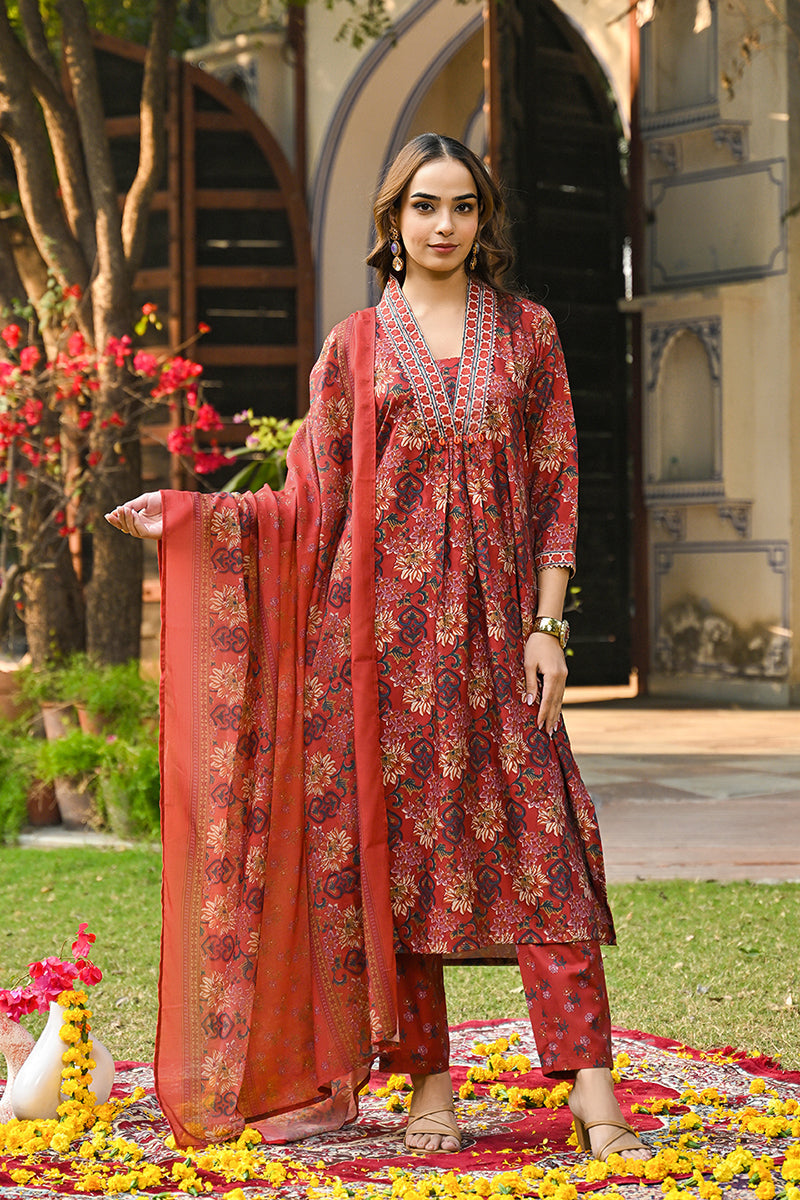 Red Rayon Blend Floral Printed Straight Suit Set VKSKD2300 | DesiQlo