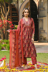 Red Rayon Blend Floral Printed Straight Suit Set VKSKD2300