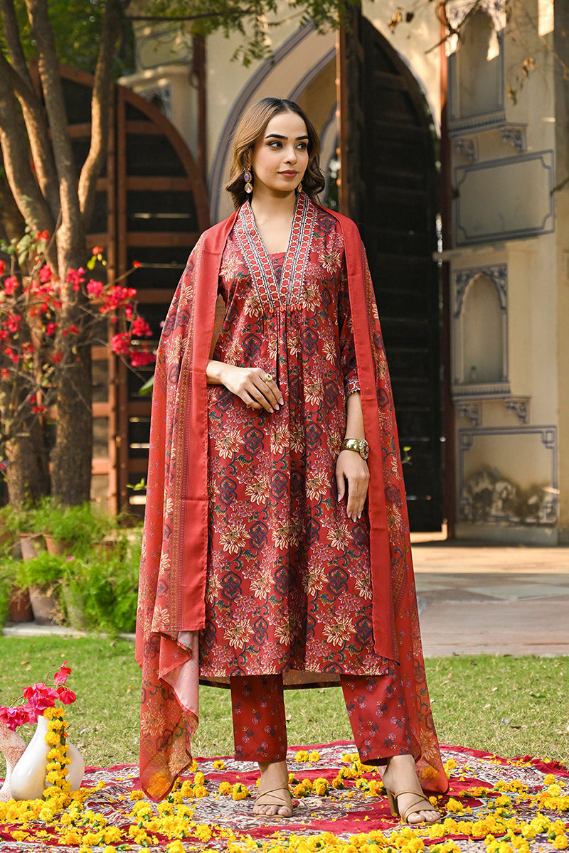 Red Rayon Blend Floral Printed Straight Suit Set VKSKD2300 | DesiQlo