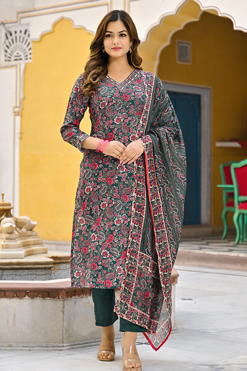 Green Rayon Blend Floral Printed Straight Kurta Trousers With Dupatta 