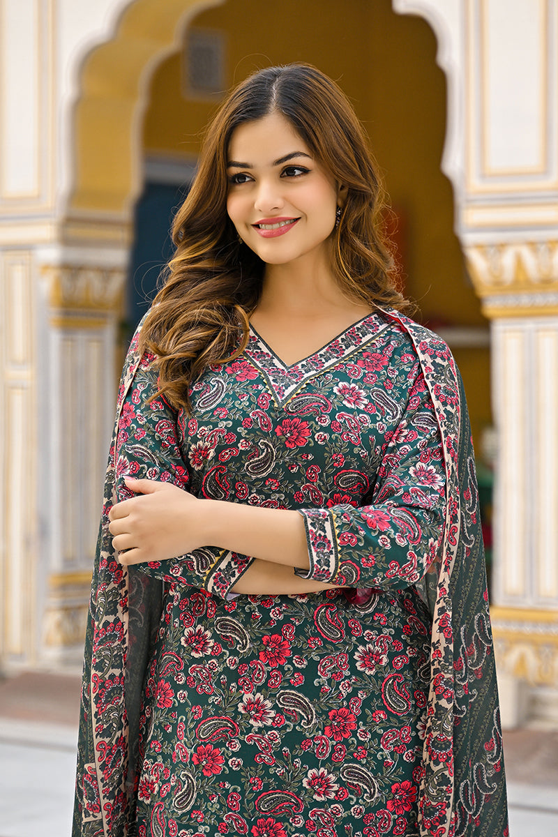 Green Rayon Blend Floral Printed Straight Kurta Trousers With Dupatta 