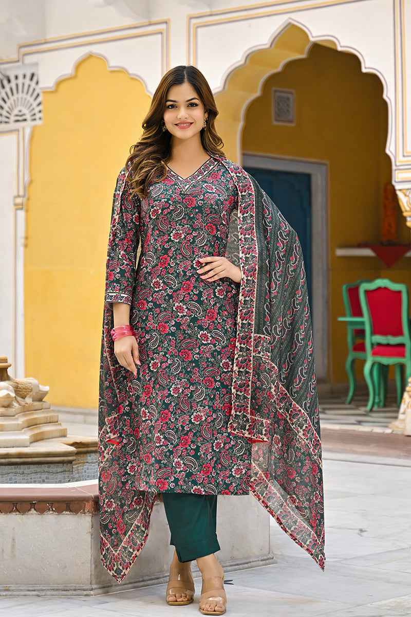 Green Rayon Blend Floral Printed Straight Kurta Trousers With Dupatta 