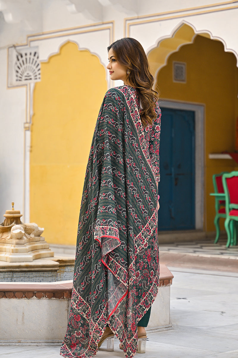 Green Rayon Blend Floral Printed Straight Kurta Trousers With Dupatta 