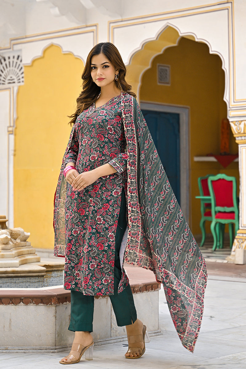 Green Rayon Blend Floral Printed Straight Kurta Trousers With Dupatta 