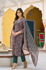 Green Rayon Blend Floral Printed Straight Kurta Trousers With Dupatta VKSKD2301