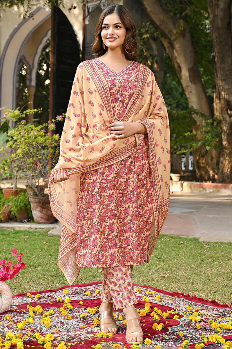 Pink Rayon Blend Floral Printed Straight Kurta Suit Set VKSKD2304 | De