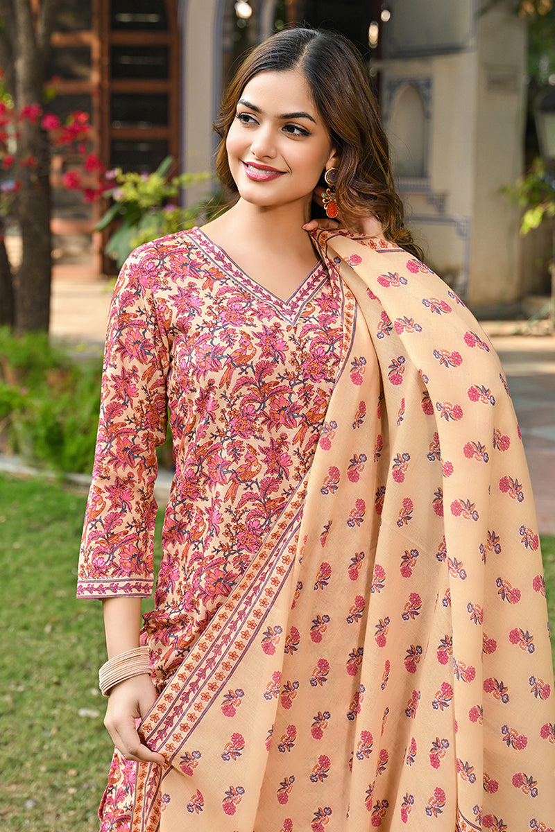 Pink Rayon Blend Floral Printed Straight Kurta Suit Set VKSKD2304 | De