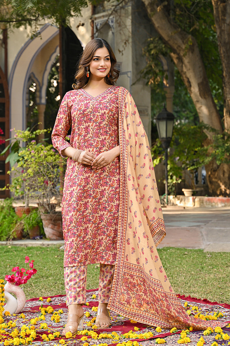 Cream Rayon Blend Floral Printed Straight Kurta Suit Set VKSKD2322 | D