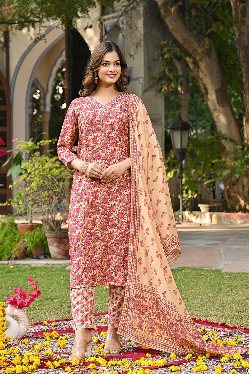 Pink Rayon Blend Floral Printed Straight Kurta Suit Set VKSKD2304 | De