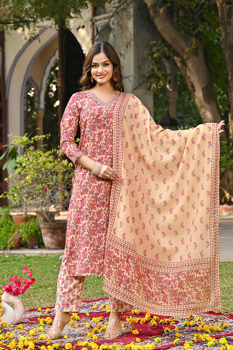 Pink Rayon Blend Floral Printed Straight Kurta Suit Set VKSKD2304 | De