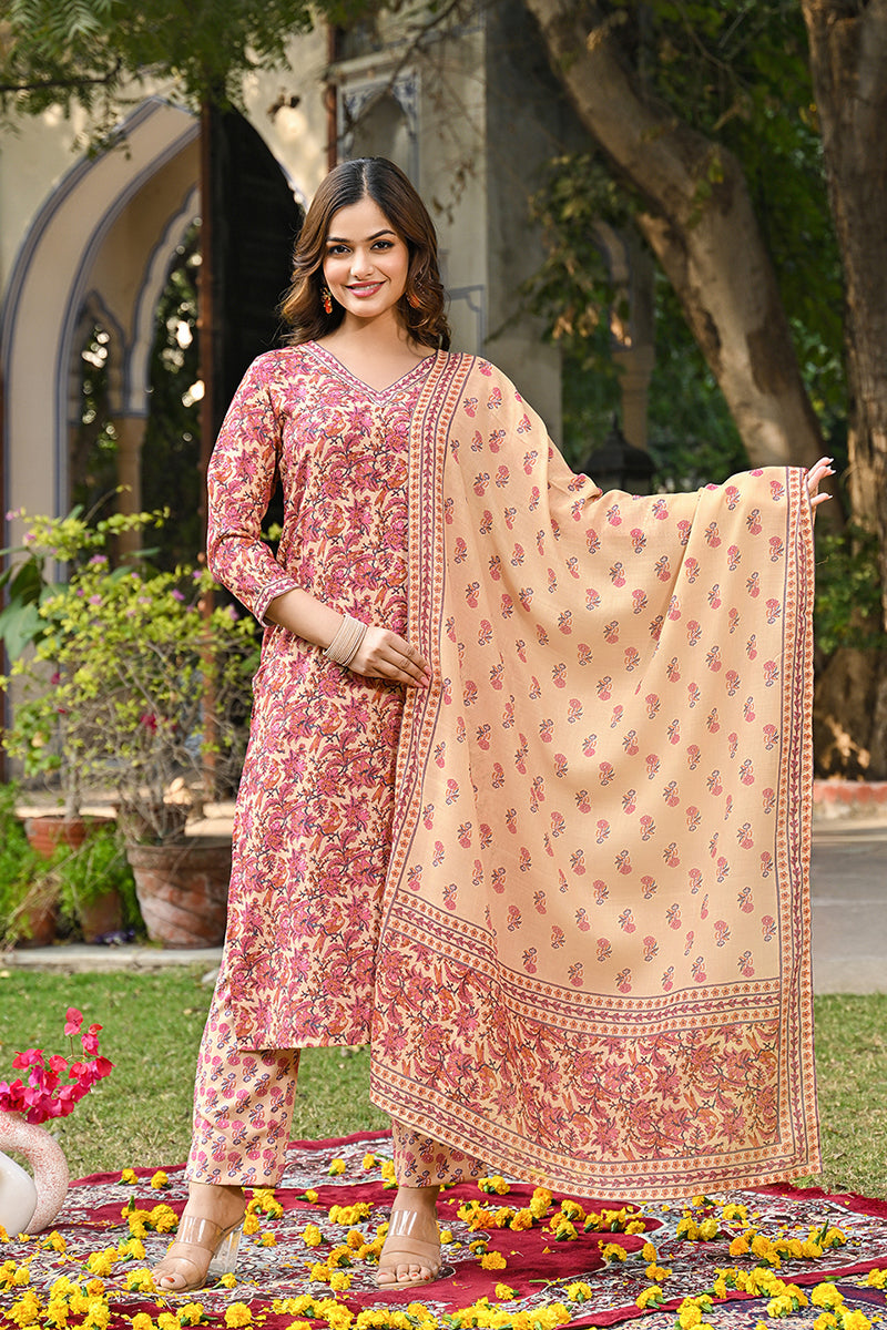Cream Rayon Blend Floral Printed Straight Kurta Suit Set VKSKD2322 | D