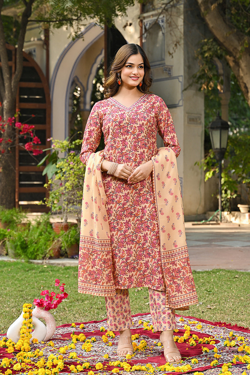 Cream Rayon Blend Floral Printed Straight Kurta Suit Set VKSKD2322 | D