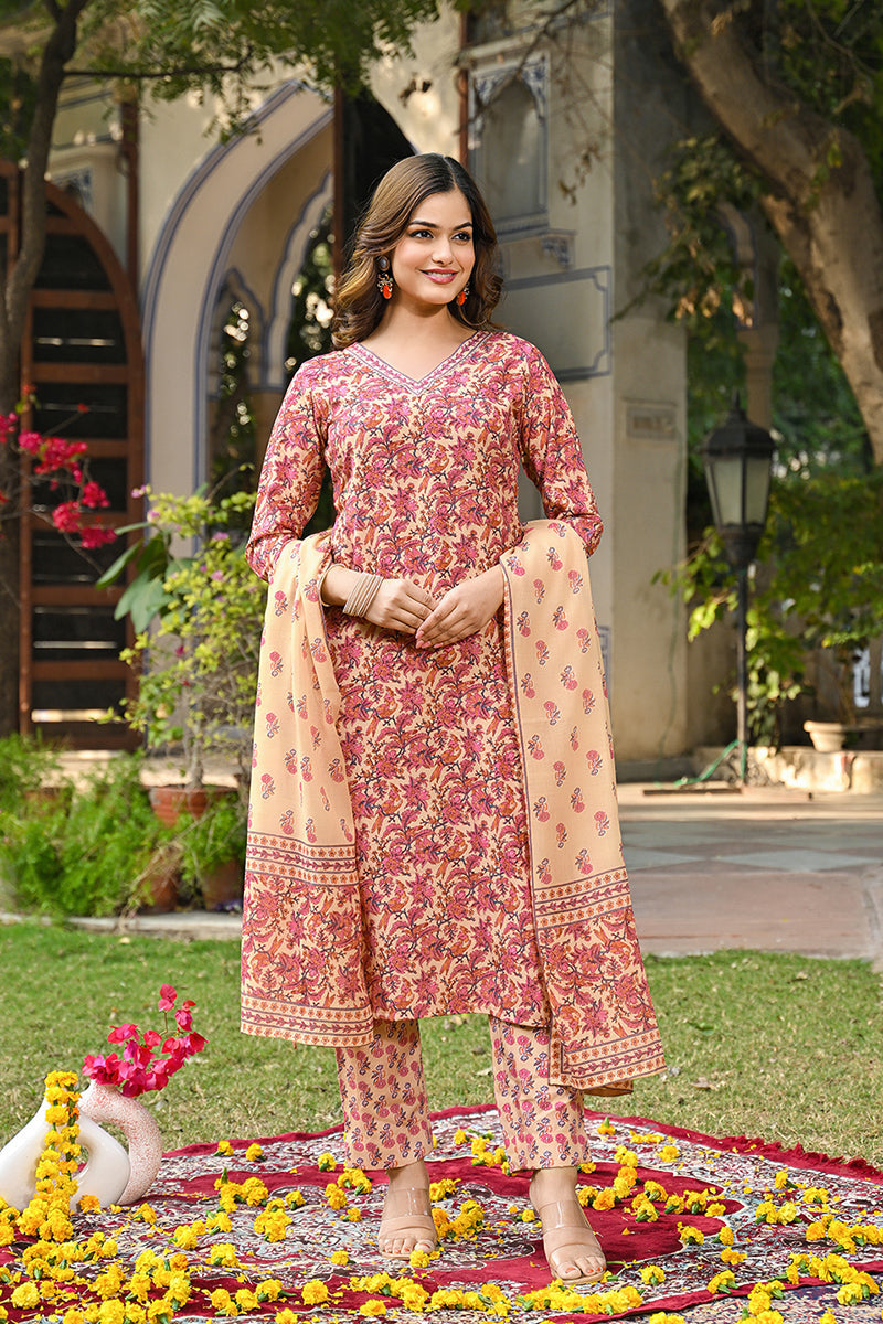 Pink Rayon Blend Floral Printed Straight Kurta Suit Set VKSKD2304 | De