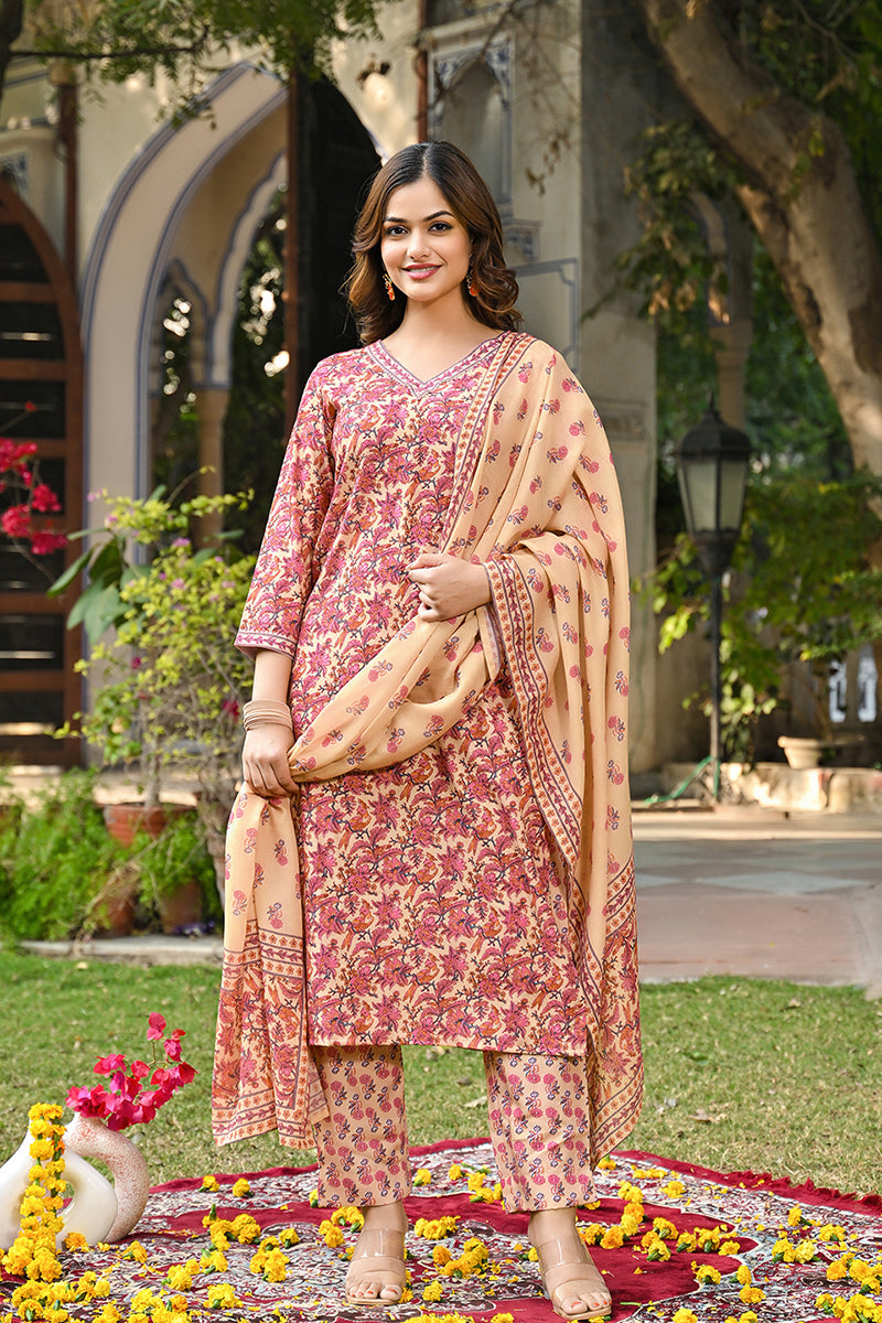 Pink Rayon Blend Floral Printed Straight Kurta Suit Set VKSKD2304 | De