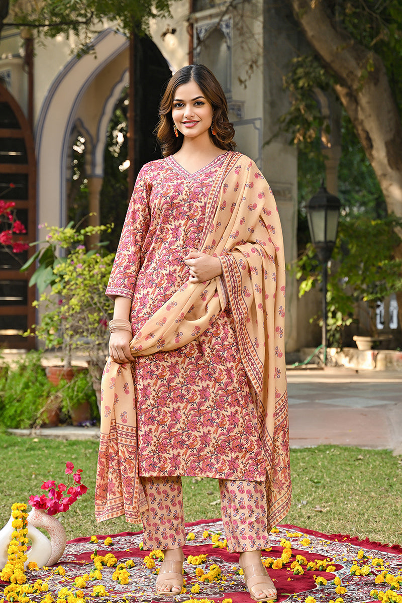 Cream Rayon Blend Floral Printed Straight Kurta Suit Set VKSKD2322 | D