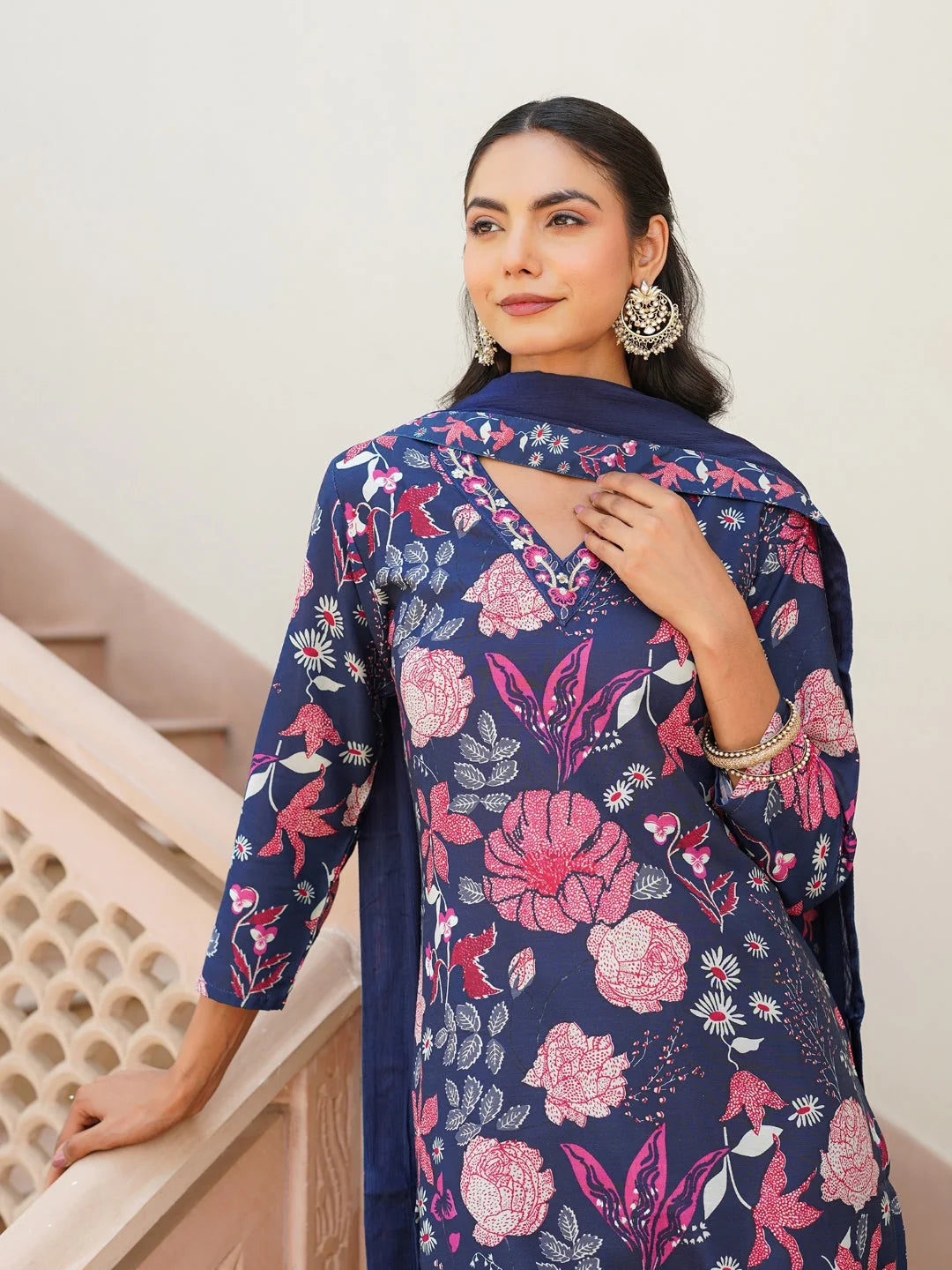 Women Blue Rayon Blend Floral Printed Straight Kurta Trouser With Dupatta