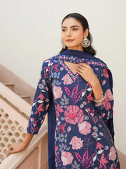 Women Blue Rayon Blend Floral Printed Straight Kurta Trouser With Dupatta-VKSKD2306