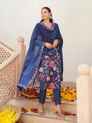 Women Blue Rayon Blend Floral Printed Straight Kurta Trouser With Dupatta-VKSKD2306
