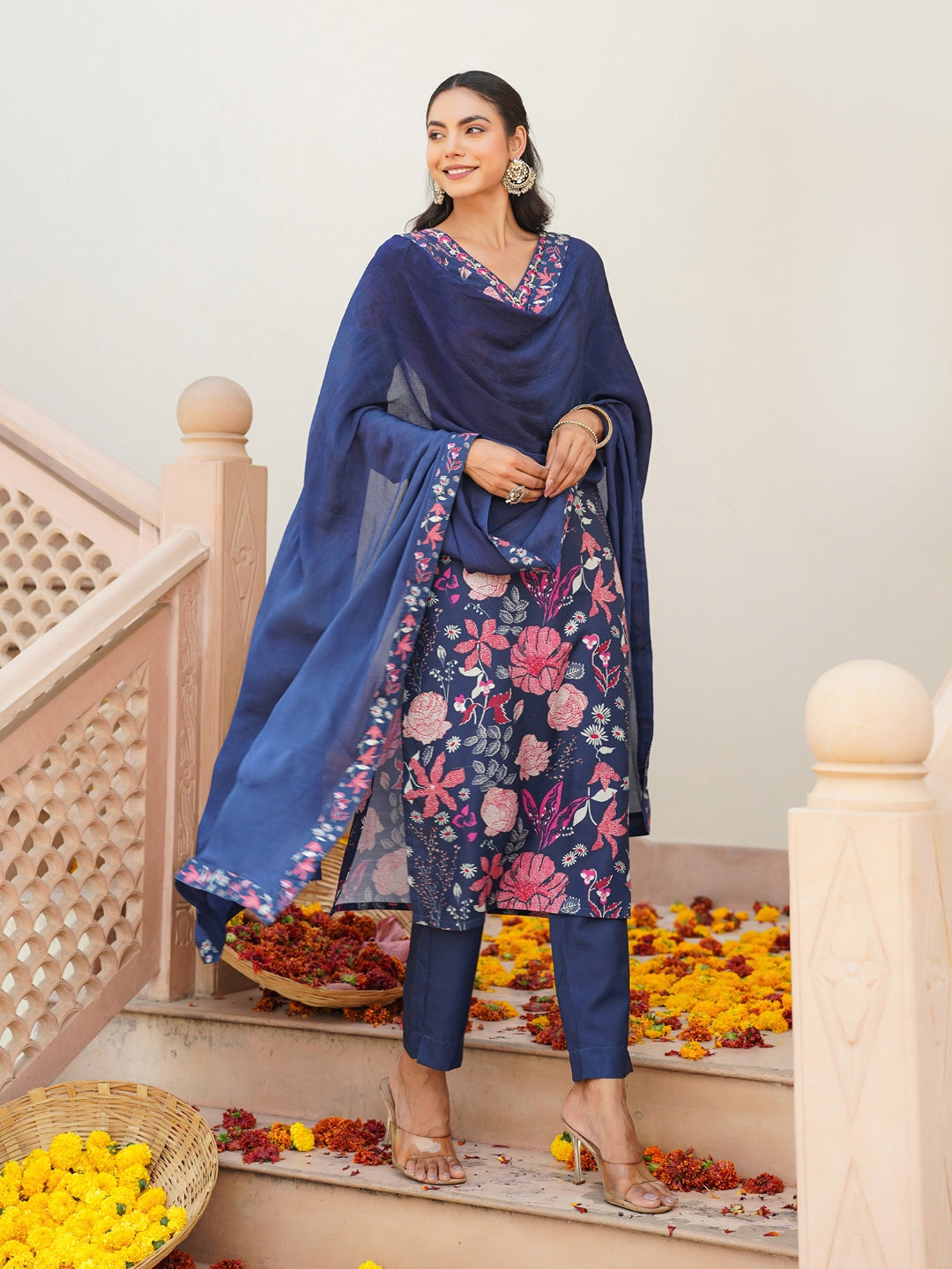 Women Blue Rayon Blend Floral Printed Straight Kurta Trouser With Dupatta