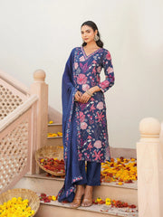 Women Blue Rayon Blend Floral Printed Straight Kurta Trouser With Dupatta-VKSKD2306
