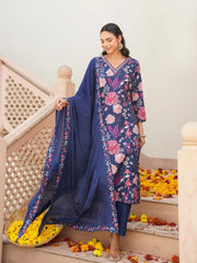 Women Blue Rayon Blend Floral Printed Straight Kurta Trouser With Dupatta-VKSKD2306