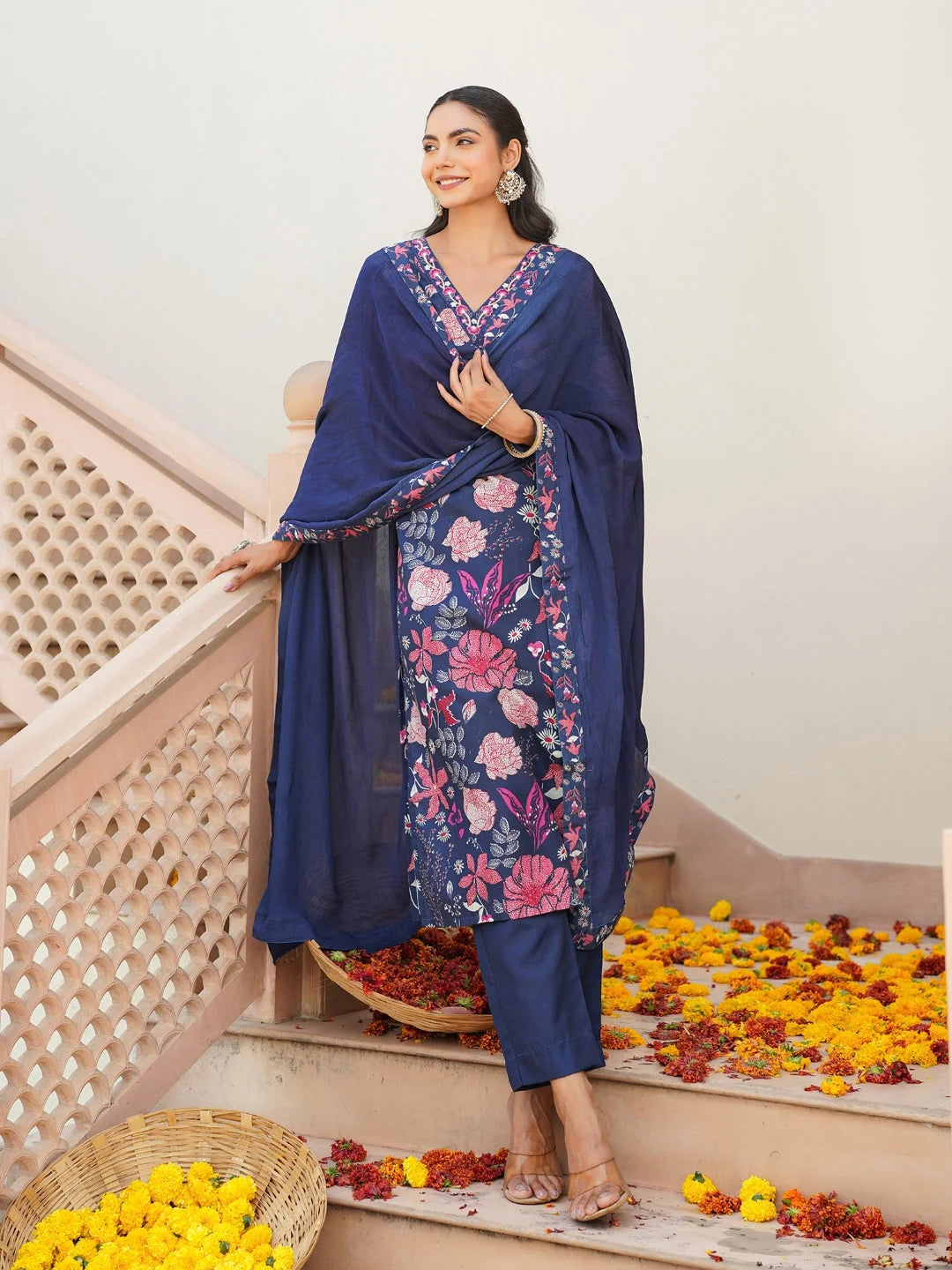 Women Blue Rayon Blend Floral Printed Straight Kurta Trouser With Dupatta