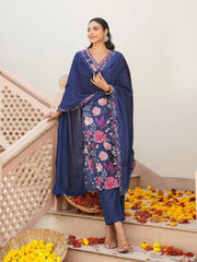Women Blue Rayon Blend Floral Printed Straight Kurta Trouser With Dupatta-VKSKD2306