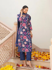 Women Blue Rayon Blend Floral Printed Straight Kurta Trouser With Dupatta-VKSKD2306
