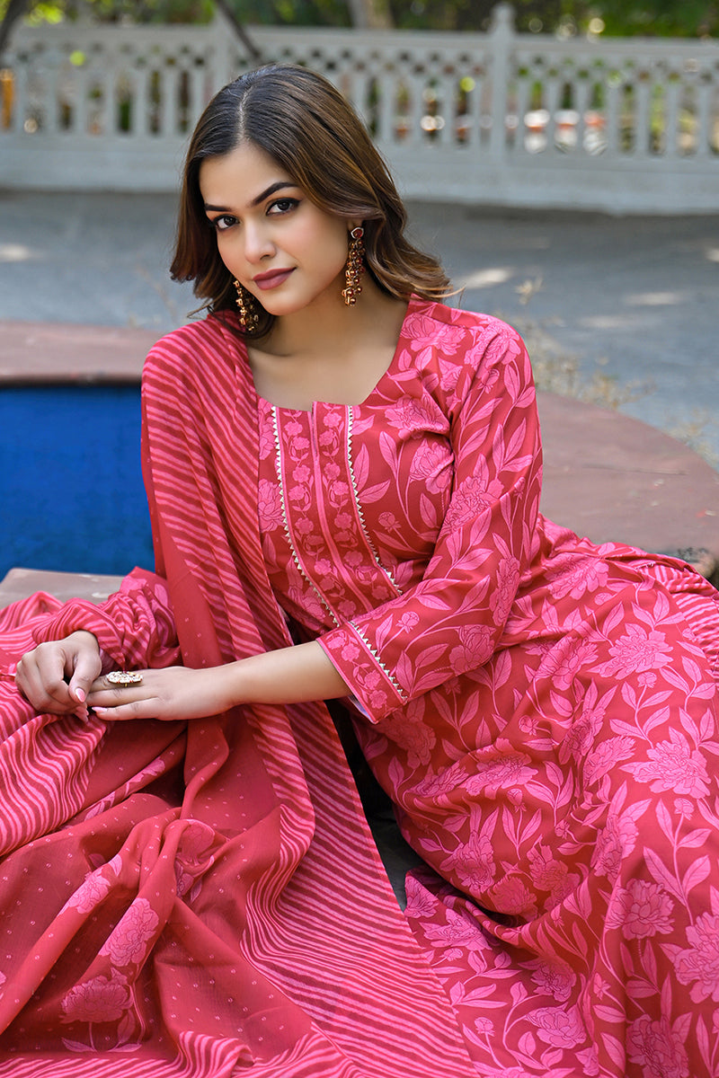 Red Cotton Blend Floral Printed Straight Trouser Suit Set VKSKD2307 | 