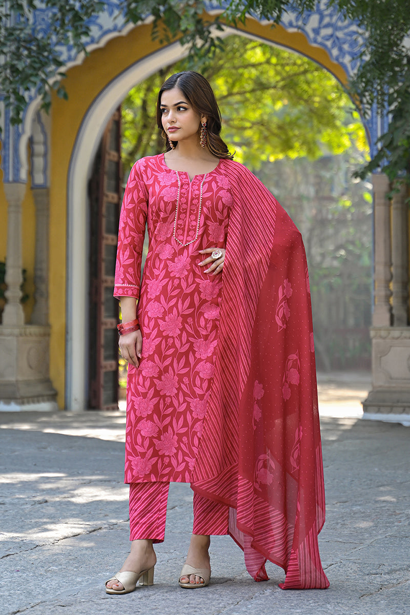 Red Cotton Blend Floral Printed Straight Trouser Suit Set VKSKD2307 | 