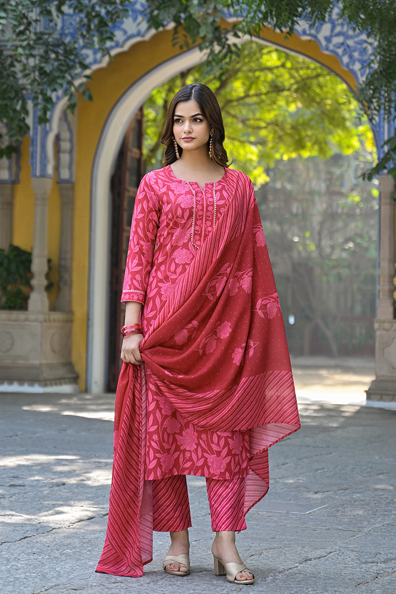 Red Cotton Blend Floral Printed Straight Trouser Suit Set VKSKD2307 | 