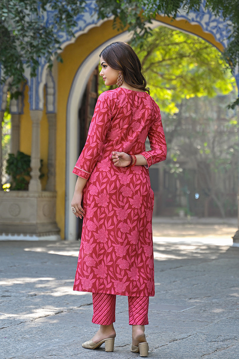 Red Cotton Blend Floral Printed Straight Trouser Suit Set VKSKD2307 | 