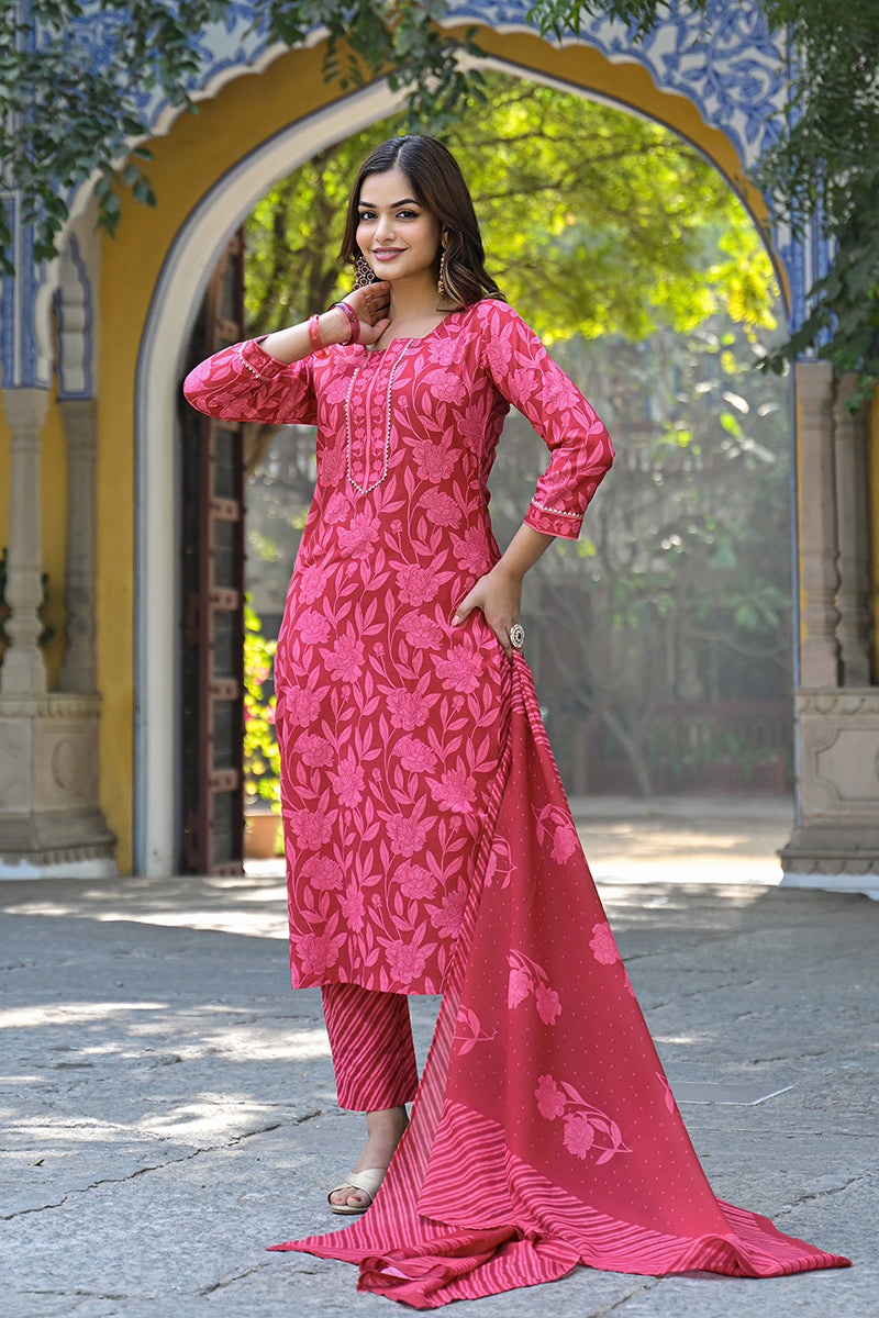 Red Cotton Blend Floral Printed Straight Trouser Suit Set VKSKD2307 | 