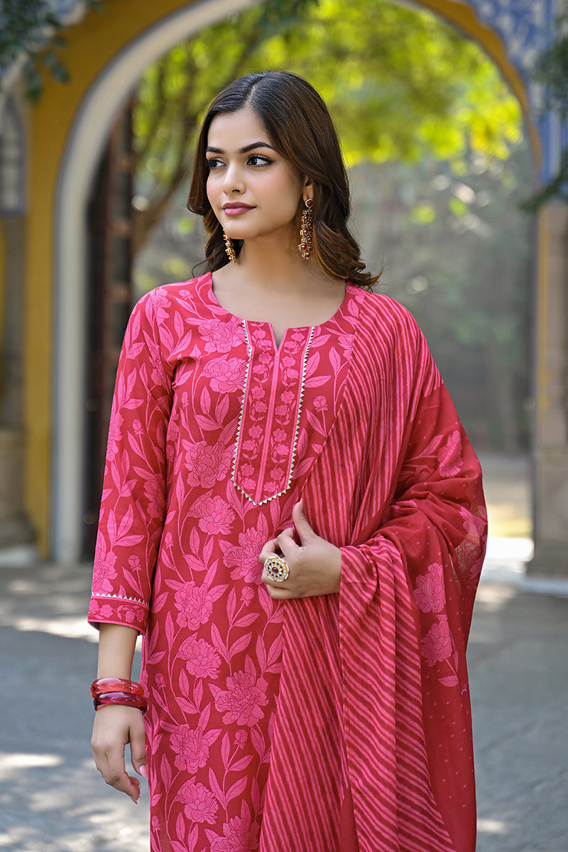 Red Cotton Blend Floral Printed Straight Trouser Suit Set VKSKD2307 | 
