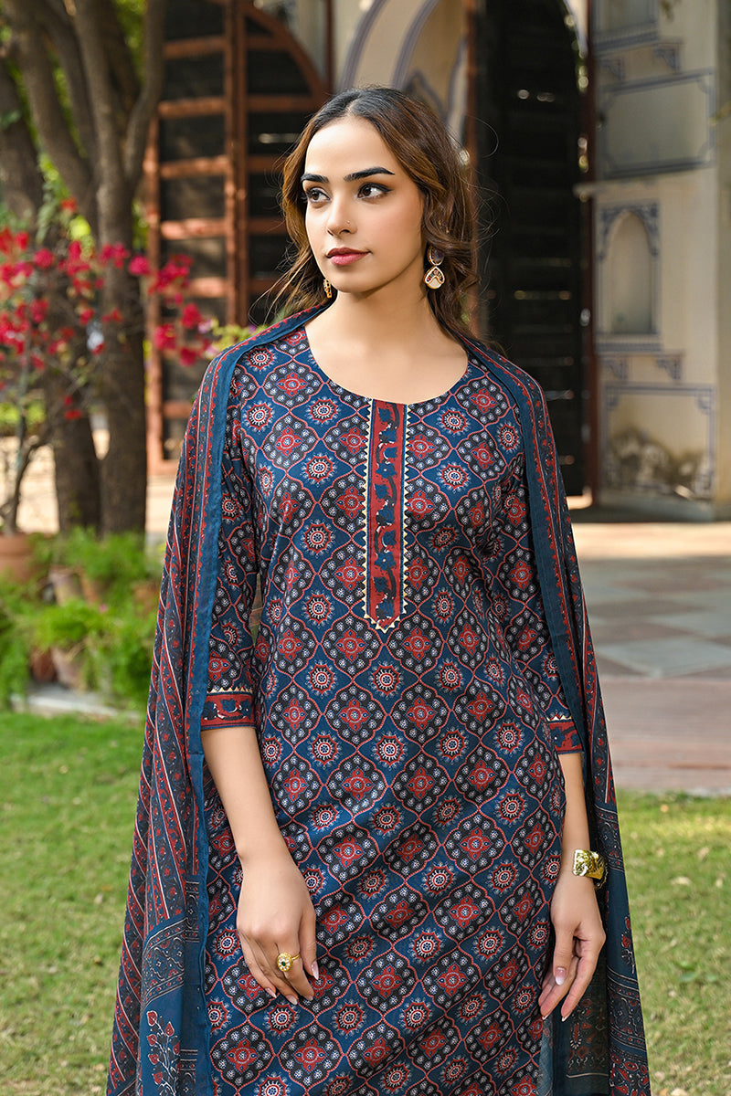Blue Rayon Blend Ajrakh Printed Straight Suit Set VKSKD2308 | DesiQlo