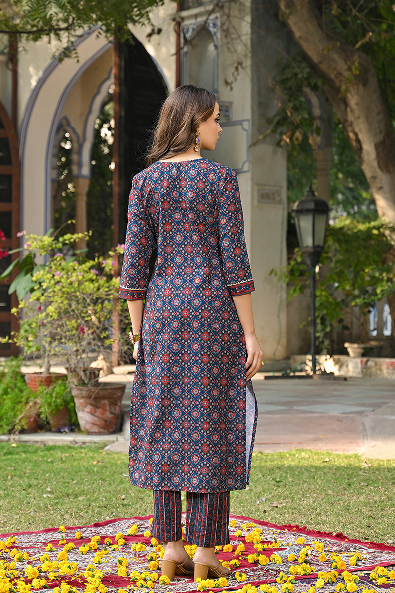 Blue Rayon Blend Ajrakh Printed Straight Suit Set VKSKD2308 | DesiQlo