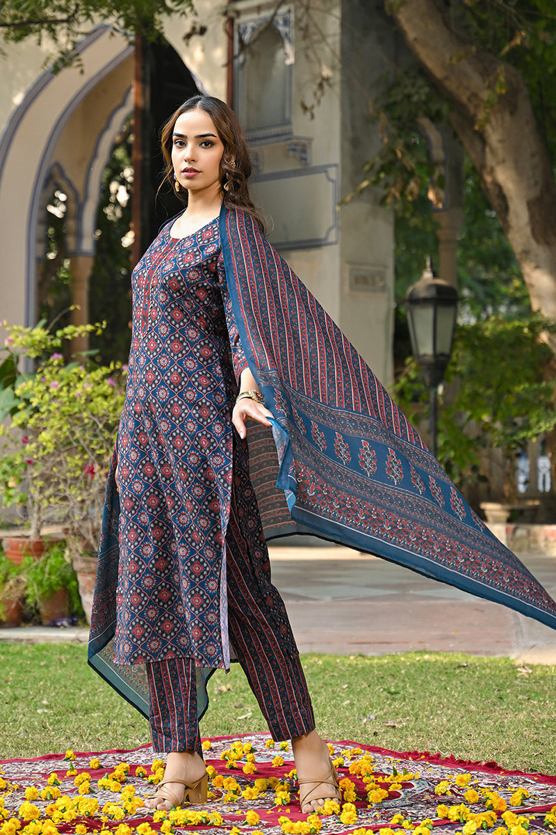 Blue Rayon Blend Ajrakh Printed Straight Suit Set VKSKD2308 | DesiQlo