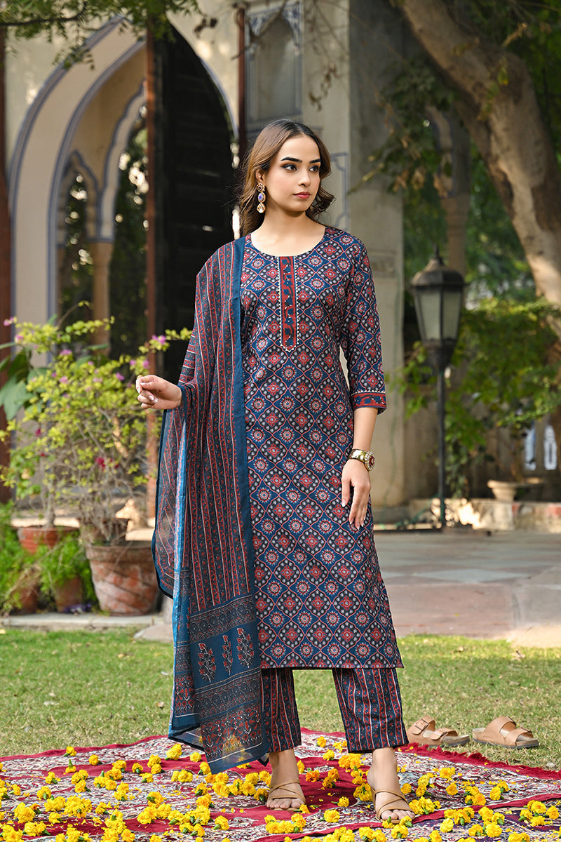 Blue Rayon Blend Ajrakh Printed Straight Suit Set VKSKD2308 | DesiQlo