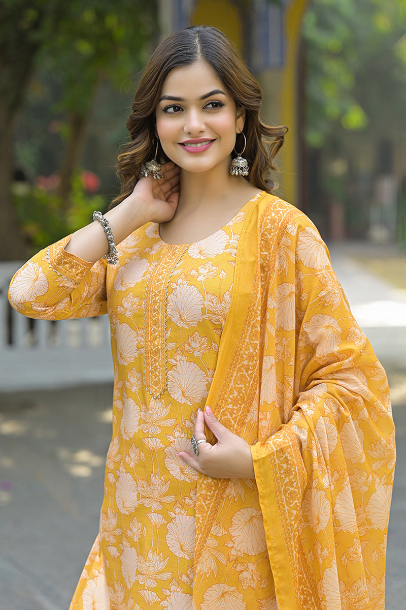 Yellow Rayon Blend Floral Printed Straight Kurta Suit Set VKSKD2309 | 